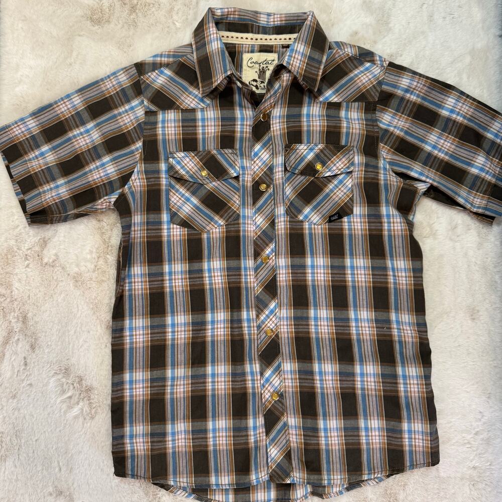 Boys Coastal Brown Plaid Western Short Sleeved Shirt Size Large